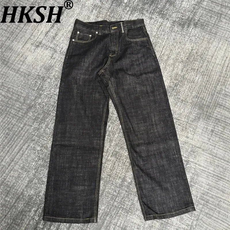 Spring Autumn New Men Tide Chic Ins Vintage Selvedge Narrow Red Edge Raw Denim Pants Straight Wide Leg A-Line Jeans HK19262