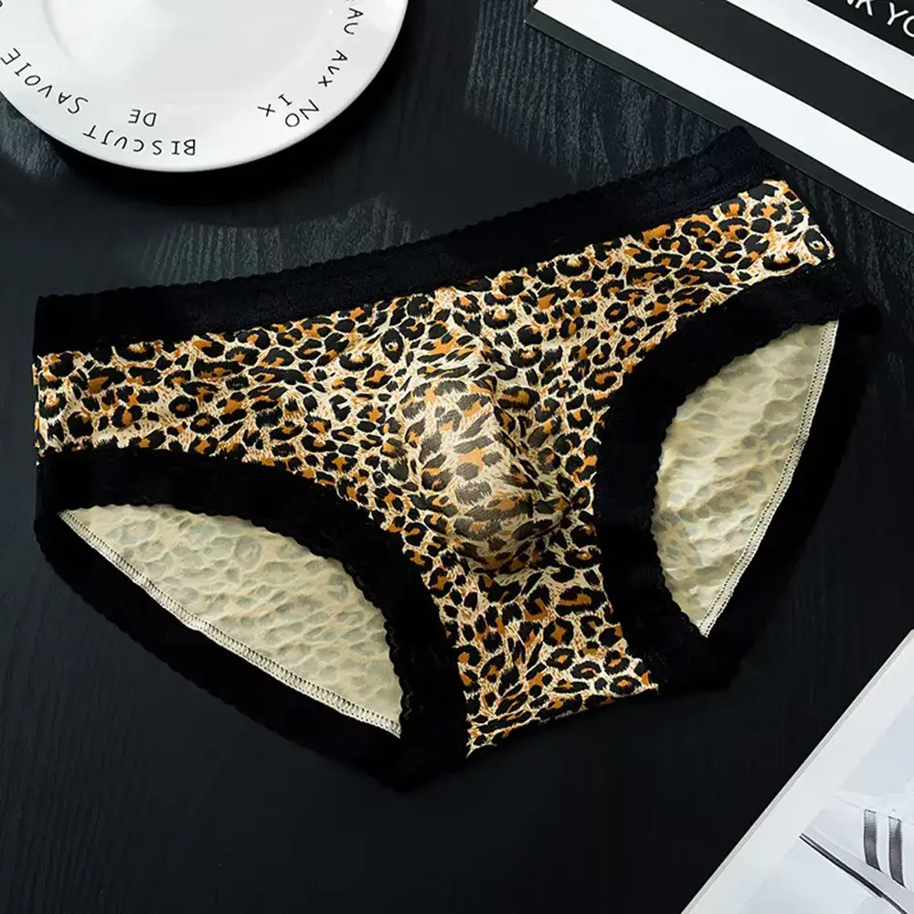 Men's French Lace Briefs Sexy 3D U Convex Pouch Underpant Summer Thin Ice Silk Breathable Underwear Low-rise See Through Panties