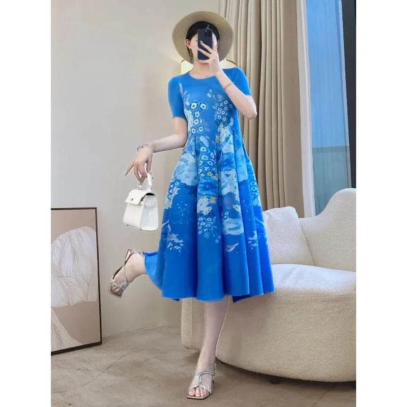 Miyake Pleated Printed Dresses European American Fashion Simple Elegant Short Sleeve Lightweight Women's Bounce Flower Bud Dress
