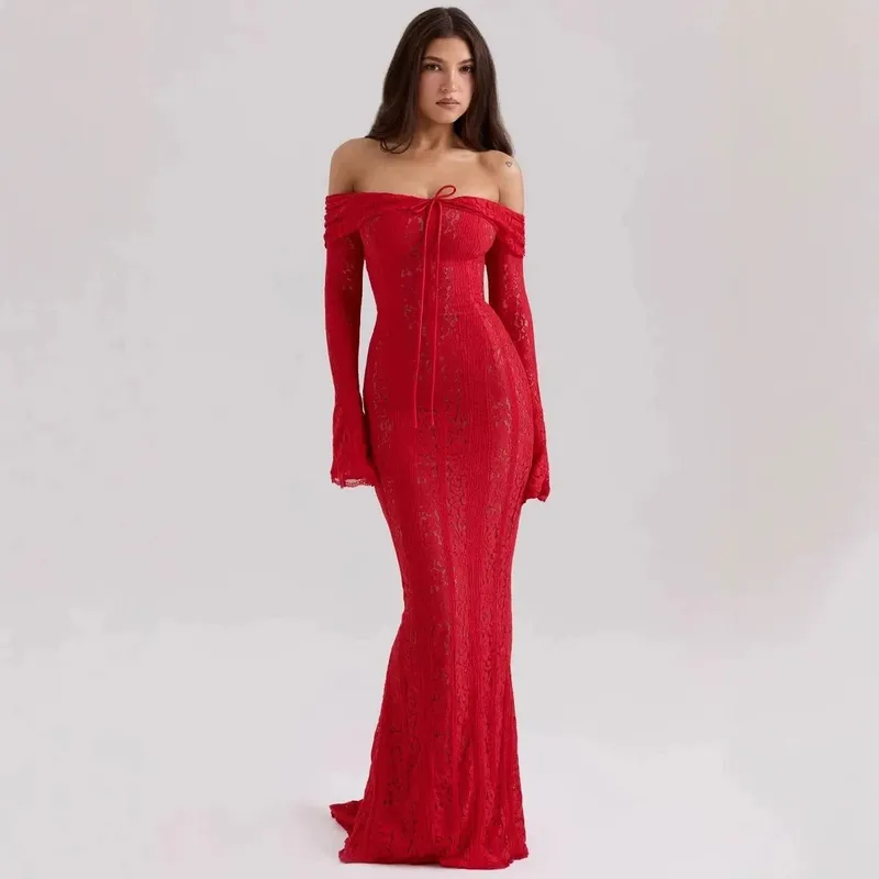 Suninheart White Evening Dresses for Events Red Long Sleeve Lace Elegant Party Dresses 2025 Women Luxury Wedding Prom Dress Gown