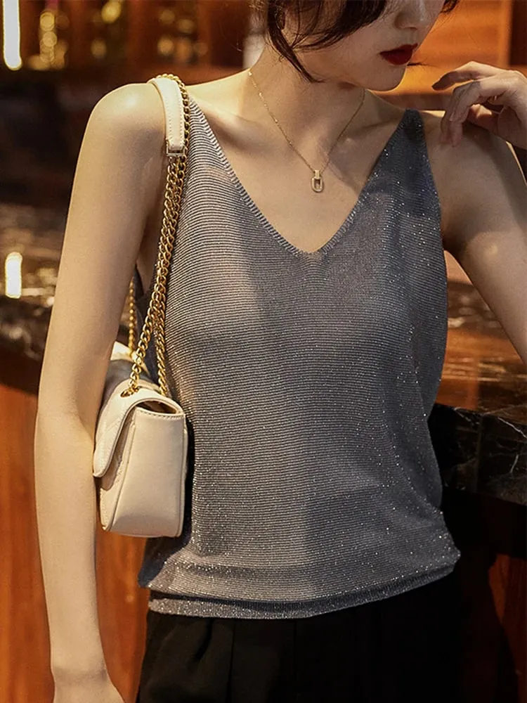 Sommer Tank Tops Frauen Ärmellose Camis Weste Weibliche Gestrickte Helle Seide Sexy Off Schulter Solide V-ausschnitt Crop Top
