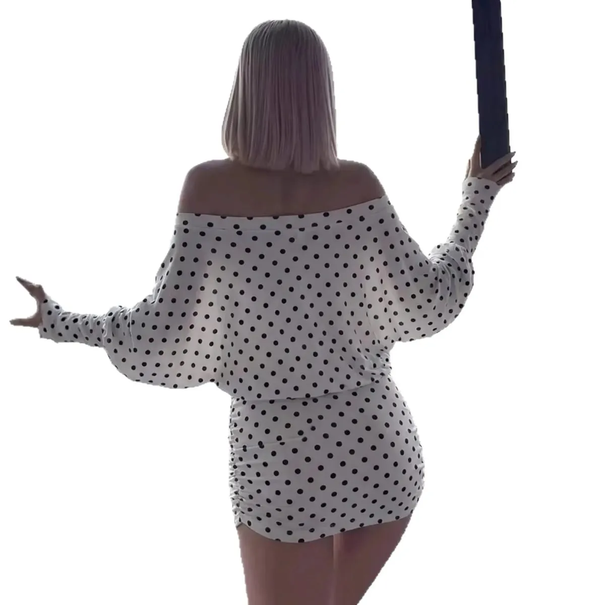 Polka Dot Off Shoulder Mini Dress Batwing Long Sleeve Drawstring Ruched Bodycon Short Dresses