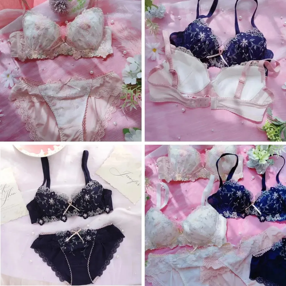 Women's Lace Underwear Set Embroidery Bra & Panties Comfortable Thin Push Up Lingerie