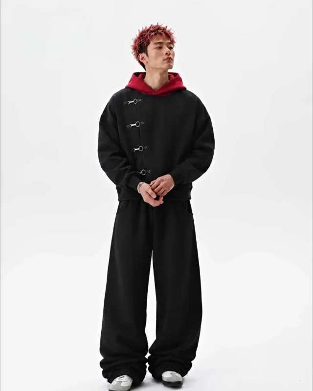 Y2K Red Itadori Hoodie Oversized Black Red Spliced Metal Button Casual Sweatshirt Trendy and Simple Men Women Streetwear Jacket