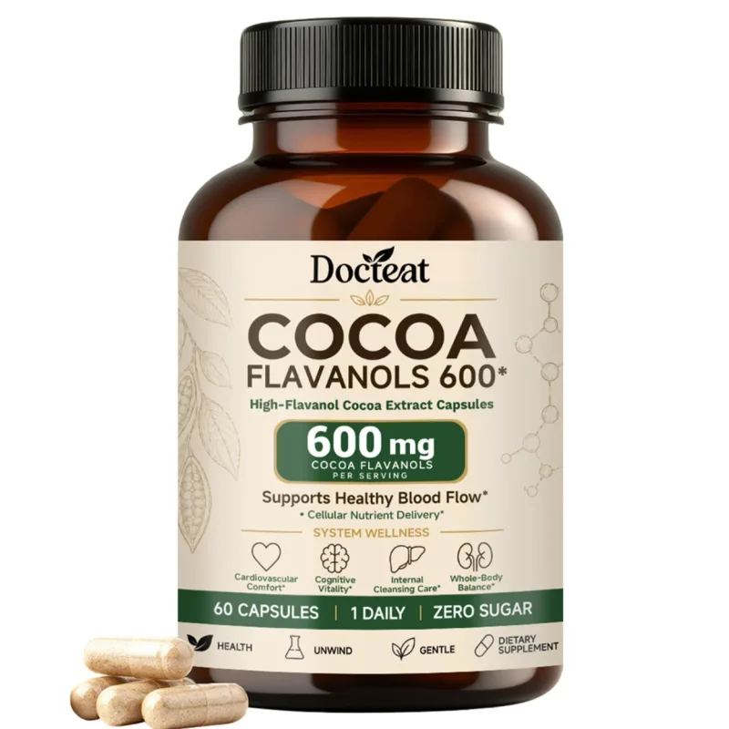 Docteat Cocoa Flavanols Capsules 600mg with Vitamin C L-Theanine & Alpha Lipoic Acid for Daily Wellness Support 60 Capsules