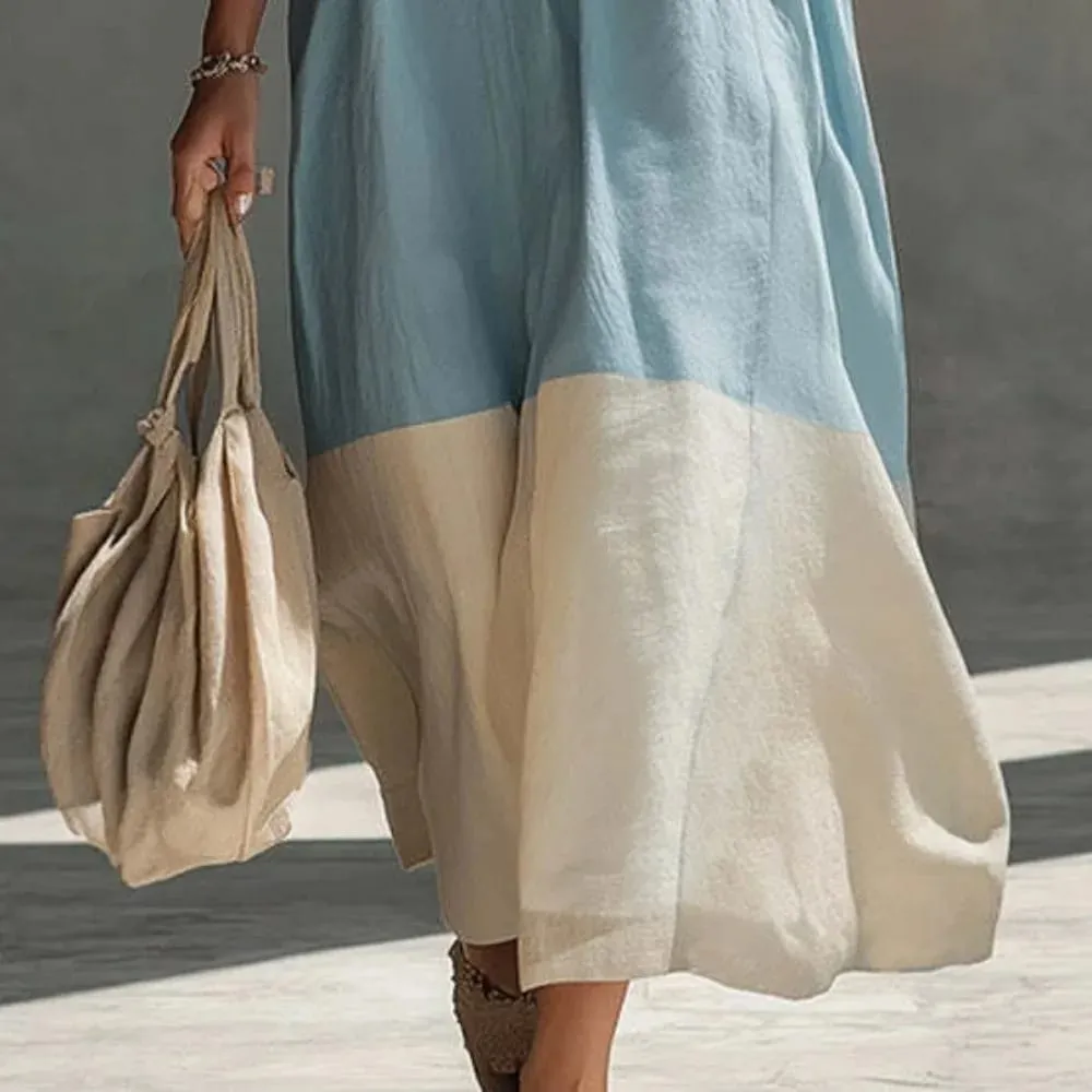 Women Color Block Sleeveless Maxi Dress Spaghetti Strap Loose Flowy Tiered Casual Sundress for Beach Vacation and Resort Wear