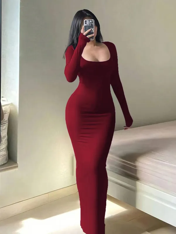Women's plus size long slim fit long sleeved dress plus size women's extra long square neck tight fitting dress