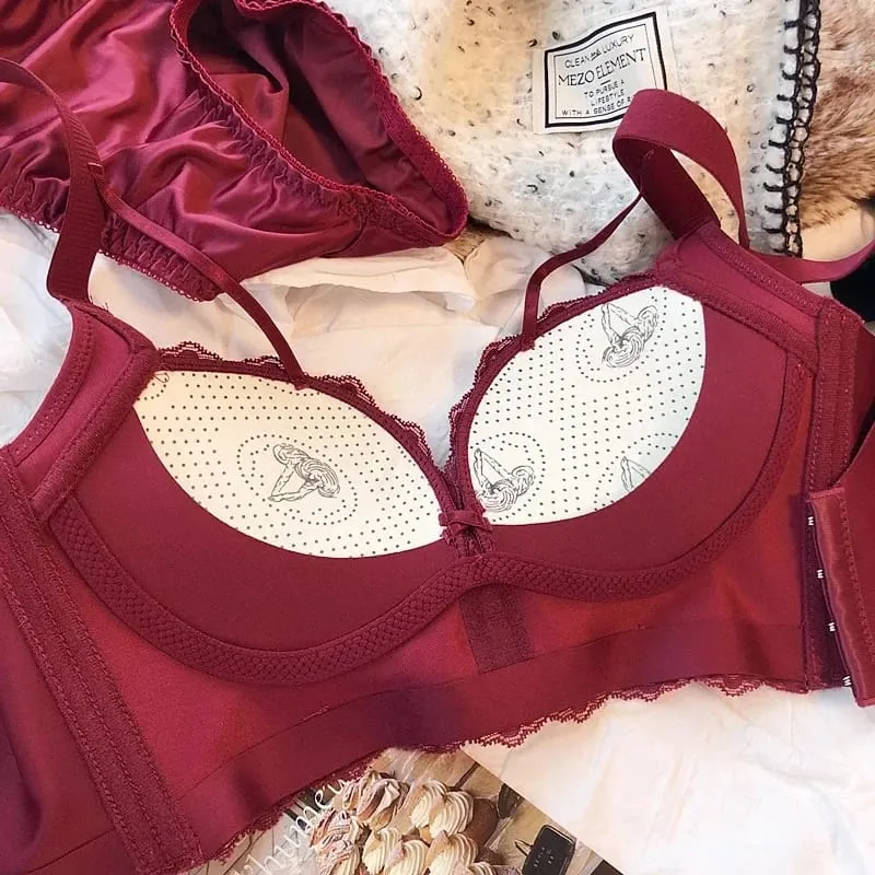 Reggiseno push up spesso senza filo di cotone, mutandine di pizzo, set di biancheria intima da donna, stile retrò rosso, senza cuciture, intimo femminile
