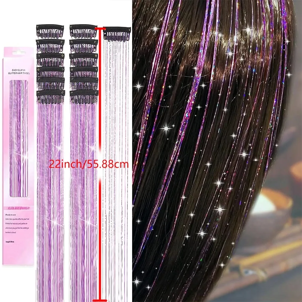 Clip in Hair Tinsel 12Pcs Purple Glitter Hair Extensions Synthetic Shiny Metallic Hair Strands Fairy Hair Tinsel Clip On Hair