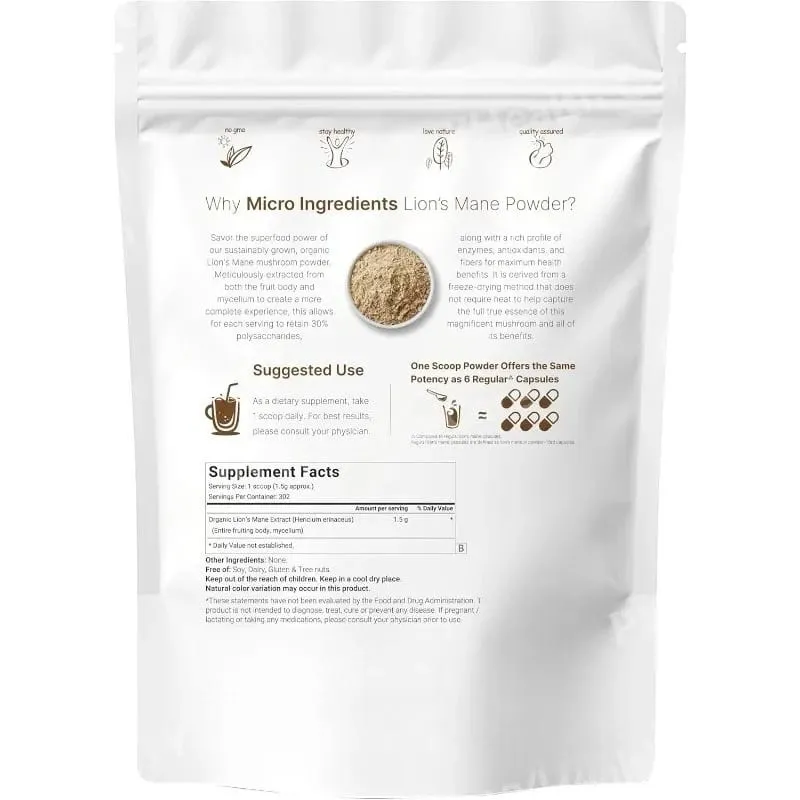 Organic Lion's Mane Mushroom Pure Fruiting Body Superfood Understøtter hjernefokus Energi Immunsundhed Fantastisk til smoothies kaffe