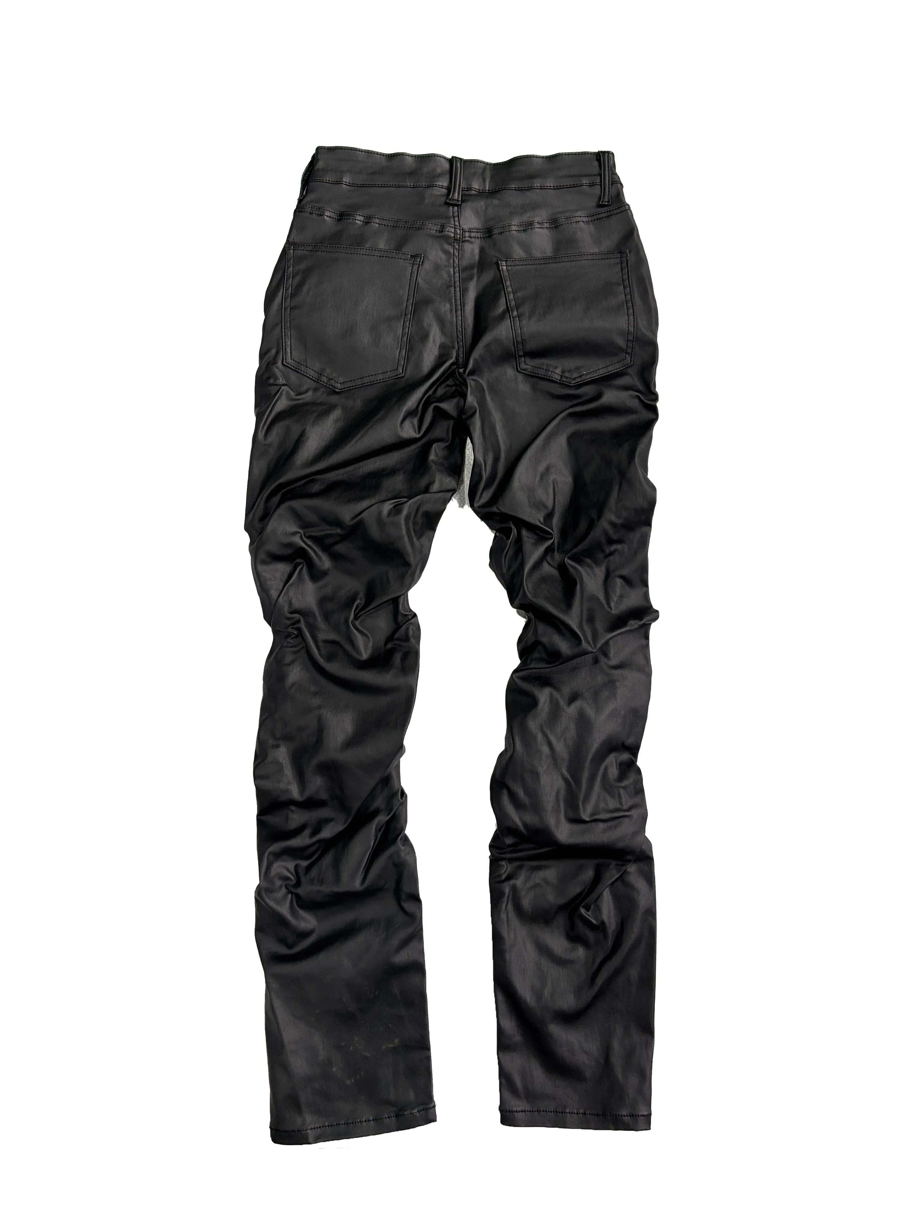 【HME】Men's Jeans | Black Wax Coated Denim Pants Faux‑Leather Look Stacked Ruched Denim Jeans For Men Full‑Length Wrinkle Pleat Design Tough Coated Denim Fabric Street‑Fashion Stacked Fit Male Trousers