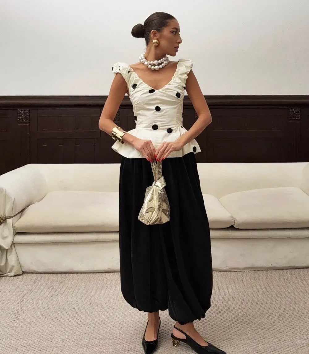 Slim Deep V Neck Polka Dot Tank Top Off-shoulder Ruffled Sleeveless Silk Vest Backless Lace Camis Female