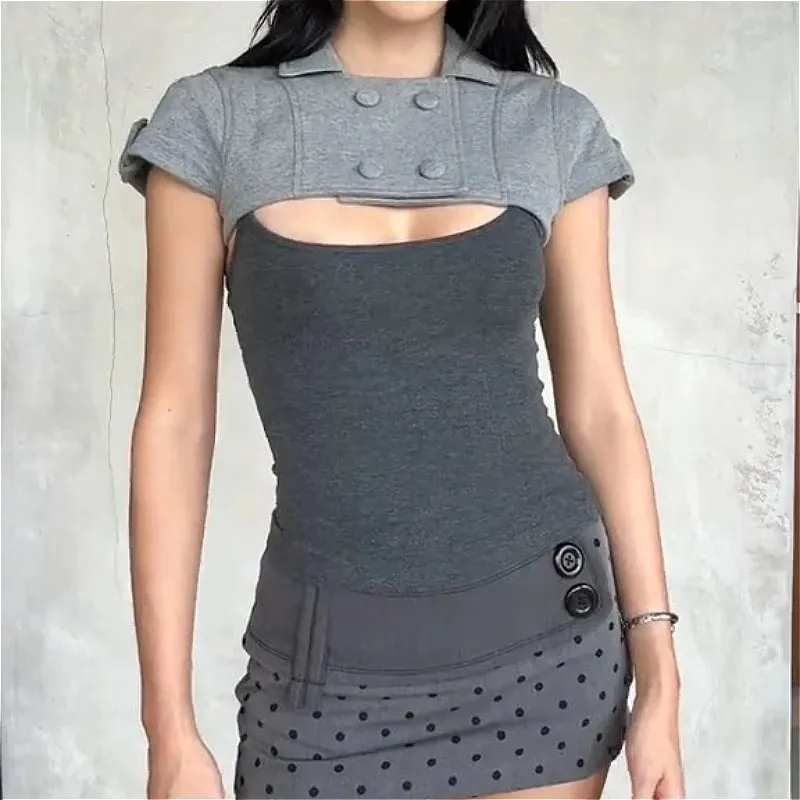 Retro Sexy 2-in-1 Top Duet Top Fog Removable Shrug Fitted Tank Y2K American Trendy Gothic Summer Niche Design Woman Streetwear