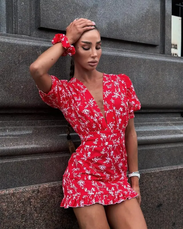 Moda impressa mini vestido feminino elegante com decote em v puff manga curta cintura-cinging bodycon vestidos 2026 verão senhora festa robe