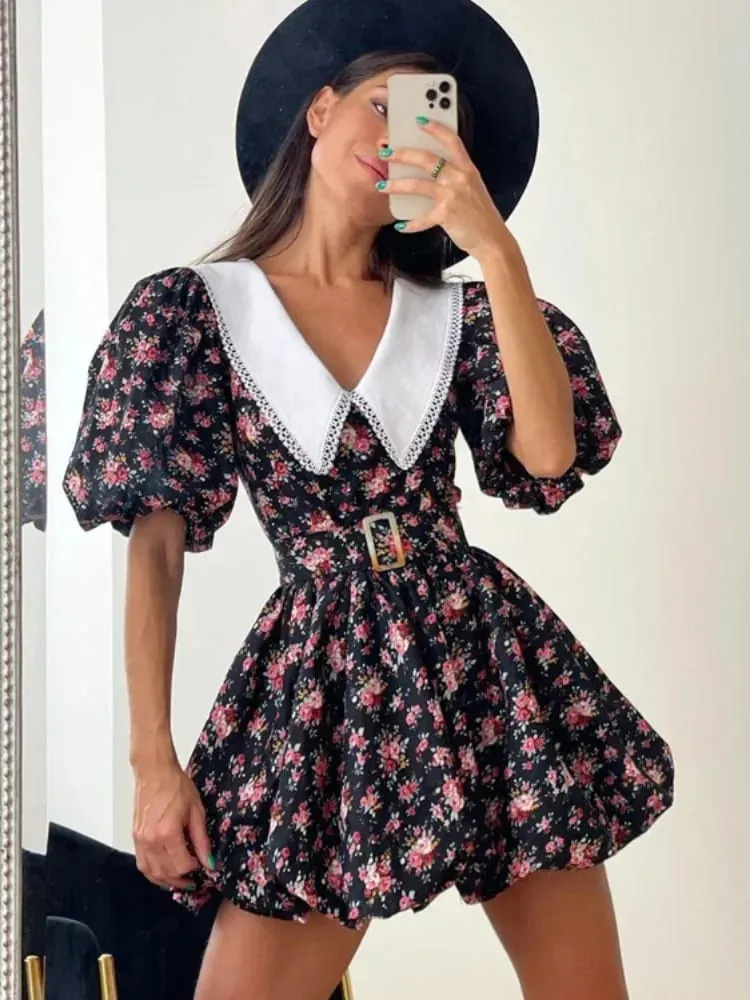 Minivestido elegante con estampado Floral para mujer, vestido elegante con cintura y cuello vuelto, Vestidos acampanados con mangas abullonadas, Vestidos diarios de verano para mujer