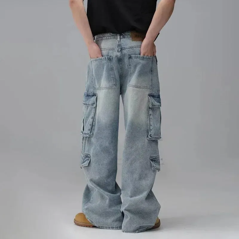 Men'S Spring And Summer Multi Pocket Workwear Design Jeans Retro Washed Japanese And Korean Casual Pants Loose Wide Leg Pants