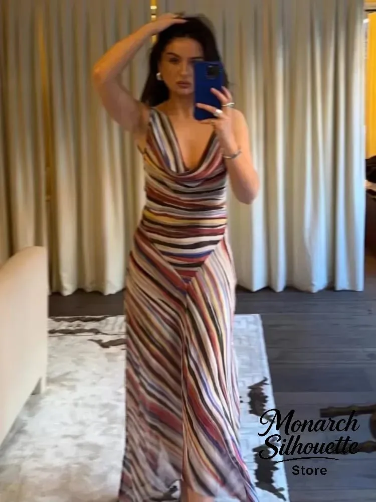 Sleeveless Striped Spaghetti Strap Dress Women Chic Irregular V-neck Sleeveless Slim Long Vestidos Lady Holiday Daily Dresses