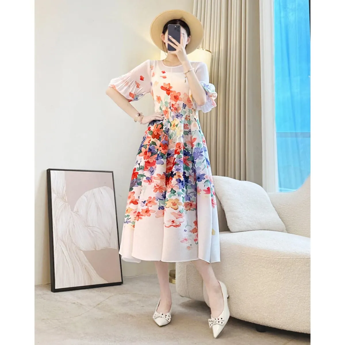 Miyake Elegante Pflanze Blumen Druck Plissee frauen Kleid Chic Neue Runde Kragen Laterne Hülse Elastische Lose Casual Kleider