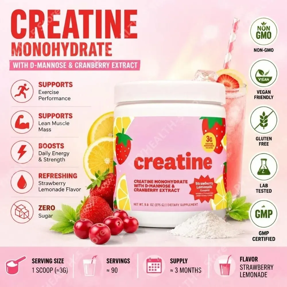 Creatine Monohydrate Powder Supplement 3g Serving Vegan Formula Strawberry Lemonade Flavor Zero Sugar for Active Lifestyle