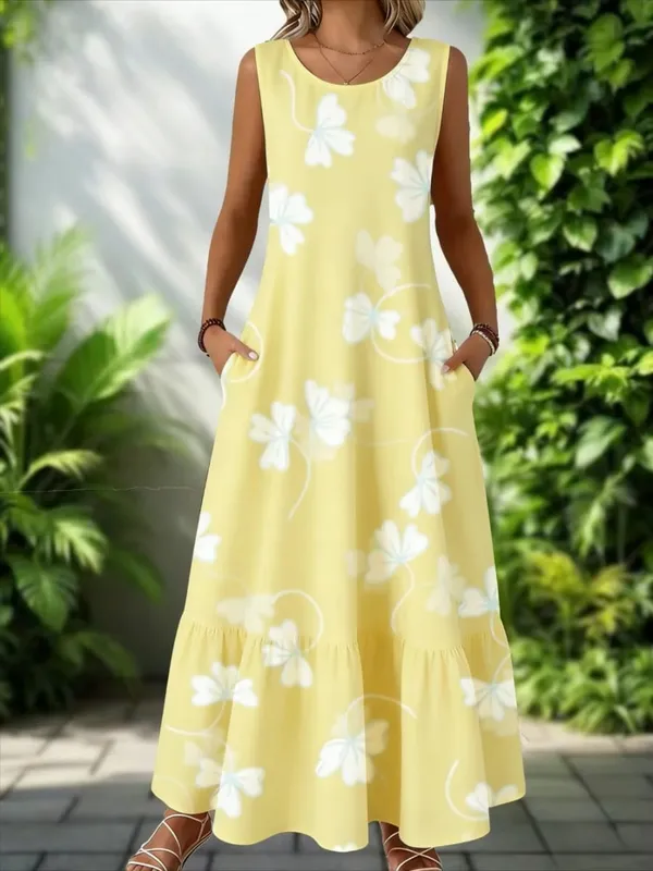 2026 New Women's Dress Fashion Floral Print New Sleeveless Design Dresses Summer Outdoor Beach Vacation Ankle Long Women's Dress