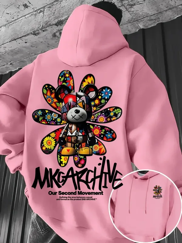 Men's Casual Hooded Sweatshirt – Colorful Floral Bear Graffiti Print Pullover Warm Street-Style Top for Autumn/Winter