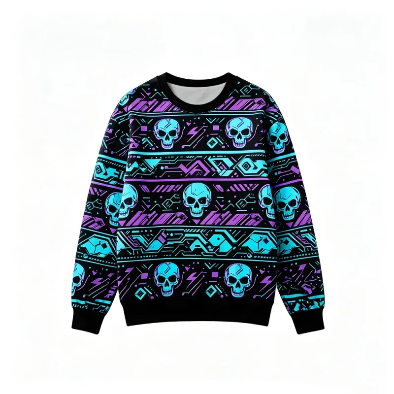 Gothic Style Skeleton Rose Print Sweatshirt Men's Retro Casual Crew Neck Pullover Clothes Harajuku Hip‑hop Street Fashion Tops