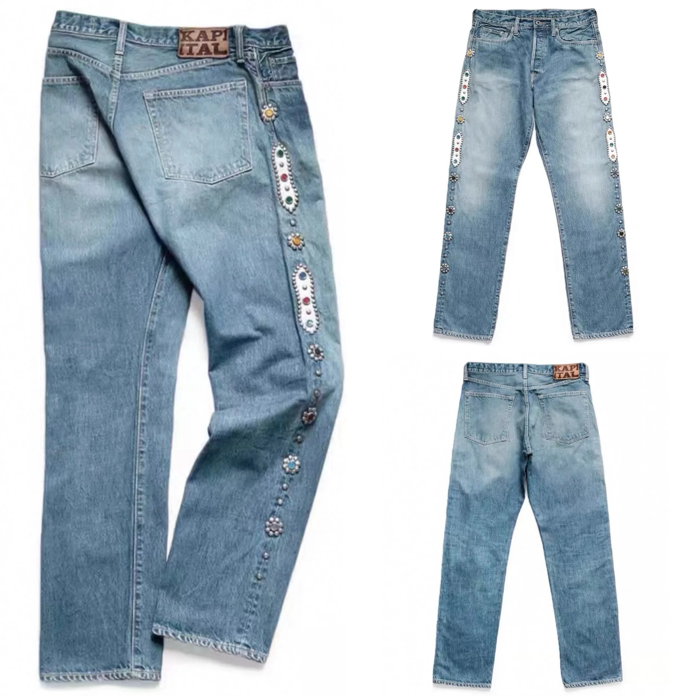 Hirata and Hiroshi 24SS Classic Rivet Set Diamond Vintage Jeans Casual Cowboy Gemstone Craft Men Pants