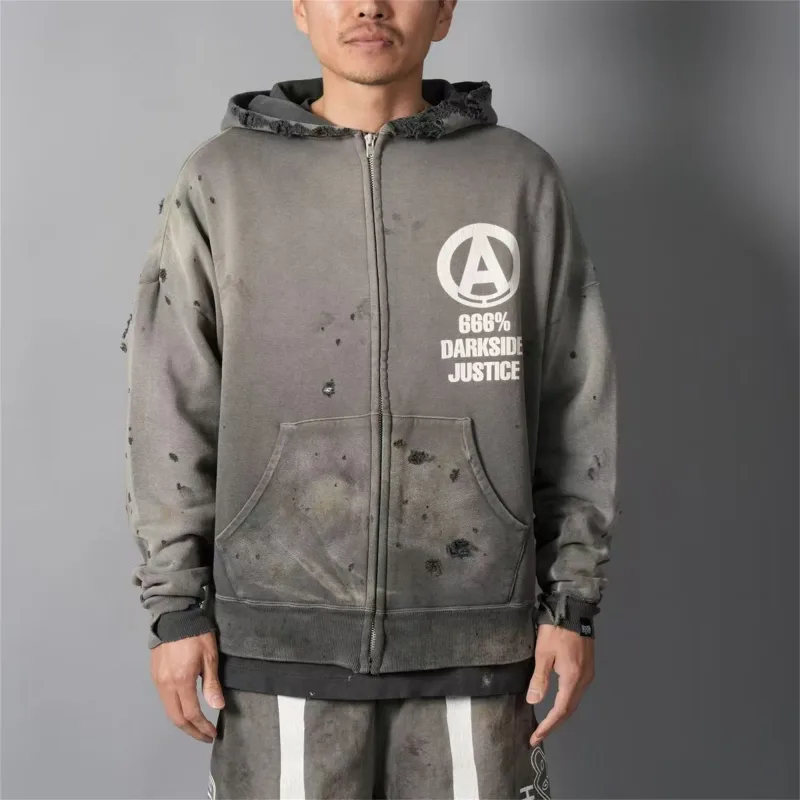Mx6 × 26SS Zipper Retro Vintage New Letter Print Pocket Distressed Washed Cotton Hooded Sweatshirt Sweater Hoodies For Men