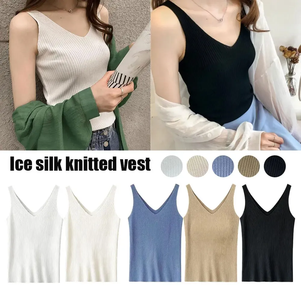 New Summer Sexy V-Neck Sleeveless Knit Women Camis Slim Pure Desire Style Basic Crop Top Korean Style Solid Versatile Tank Top
