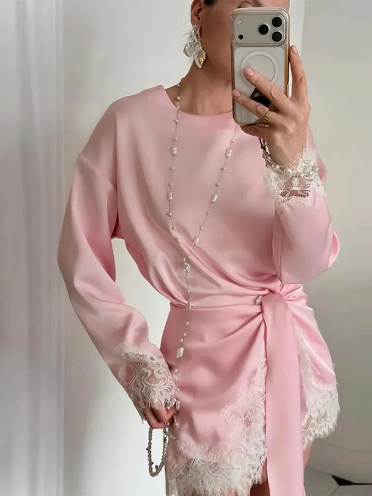 Loose Satin Mini Dress Women O Neck Long Sleeves Lace Patchwork Straight Vestidos Female 2026 Spring Summer Chic Solid Dresses