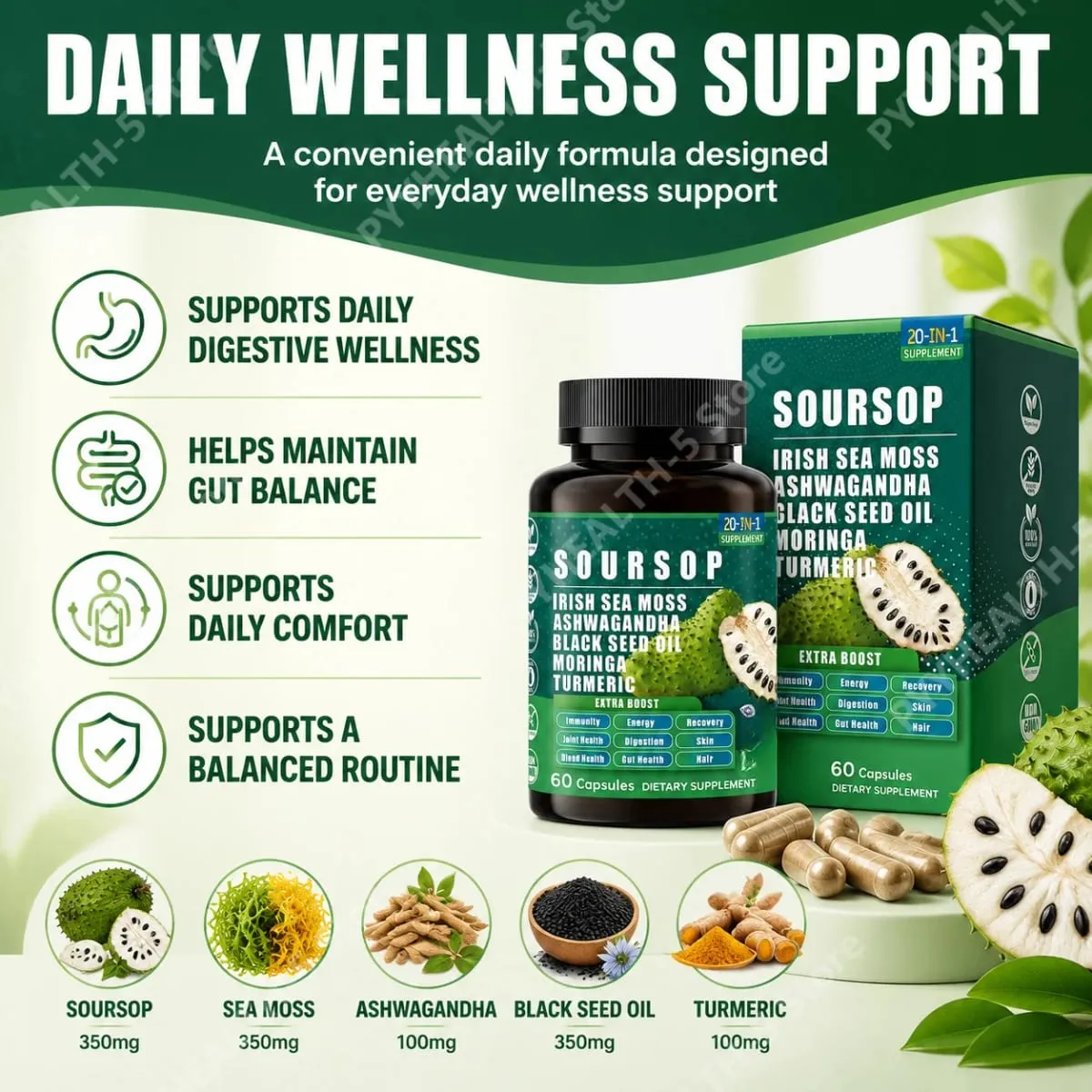 20‑IN‑1 Irish Sea Moss Capsules with Soursop Vitamin C & Vitamin D3 Immune Health & Digestive Support Plant‑Based 60 Capsules