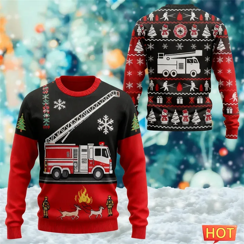 Fashion Fire Truck Graphic Ugly Christmas Sweater For Men Trendy Streetwear 3D Printed O Neck Sweatshirts Loose Streetwear Tops — image 8