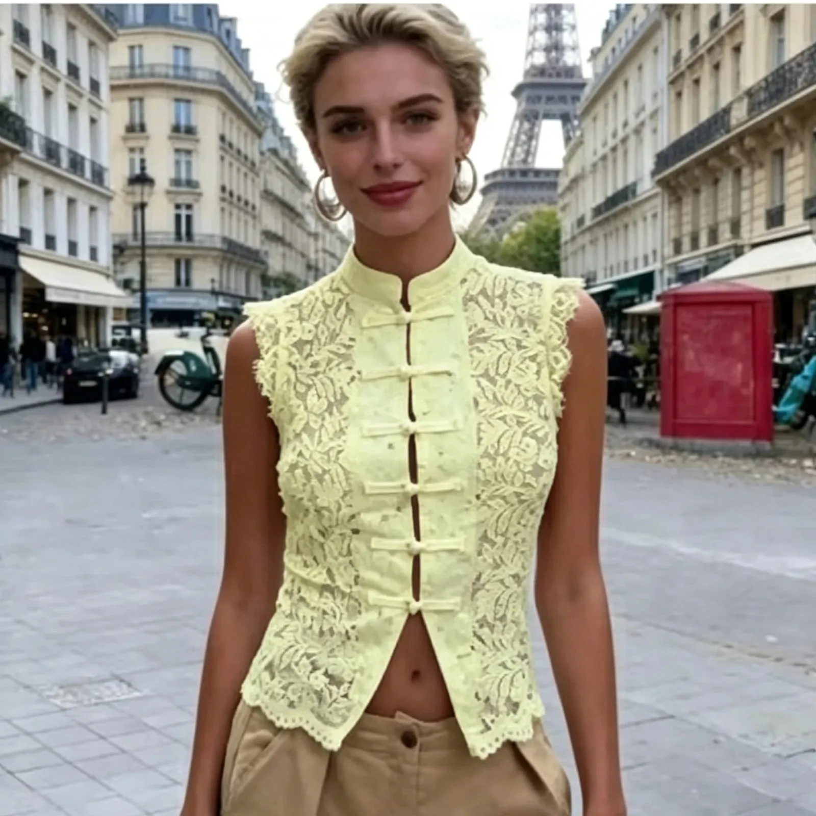 Y2K Aesthetic Solid Color Lace Crop Top Sleeveless Chinese Frog Button Vest Women's Summer Party Streetwear — image 13