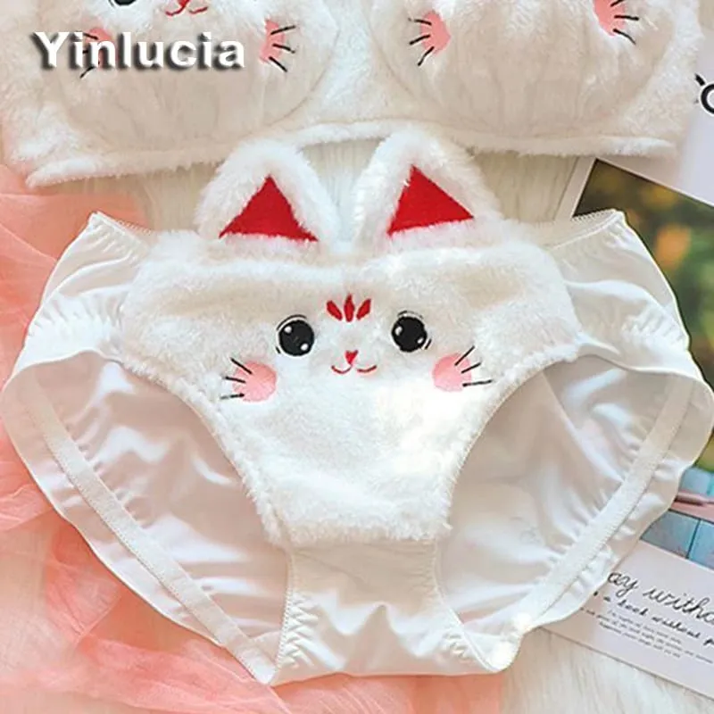 Cute Cartoon Furry Cat Ears Lingerie Bras Underpants Underwear 2 Pcs Sets Sweet Warm Winter Plush Underwear Set Christmas