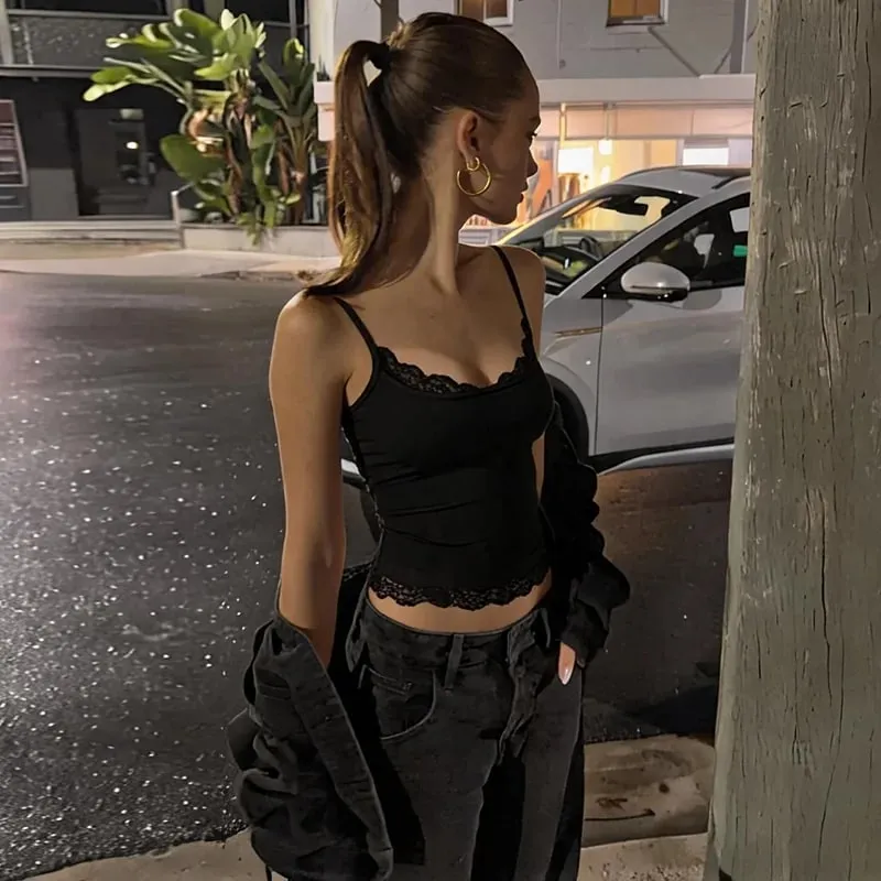 Dulzura Women'S Sexy Backless Lace Ruffles Patchwork Crop Camisole Fashion Casual Y2K Top Party Club Street Style Summer Outfit