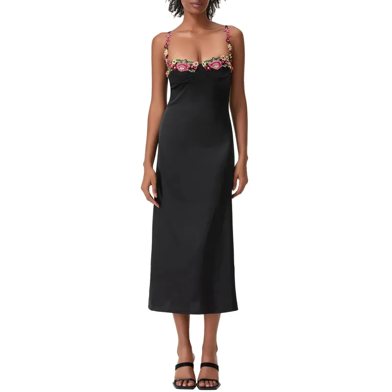 Gaun Panjang Bodycon Selempang Satin Gaun Koktail Tali Spaghetti Tanpa Lengan Bordir Bunga Wanita Gaun Ramping Klub Pesta Musim Panas