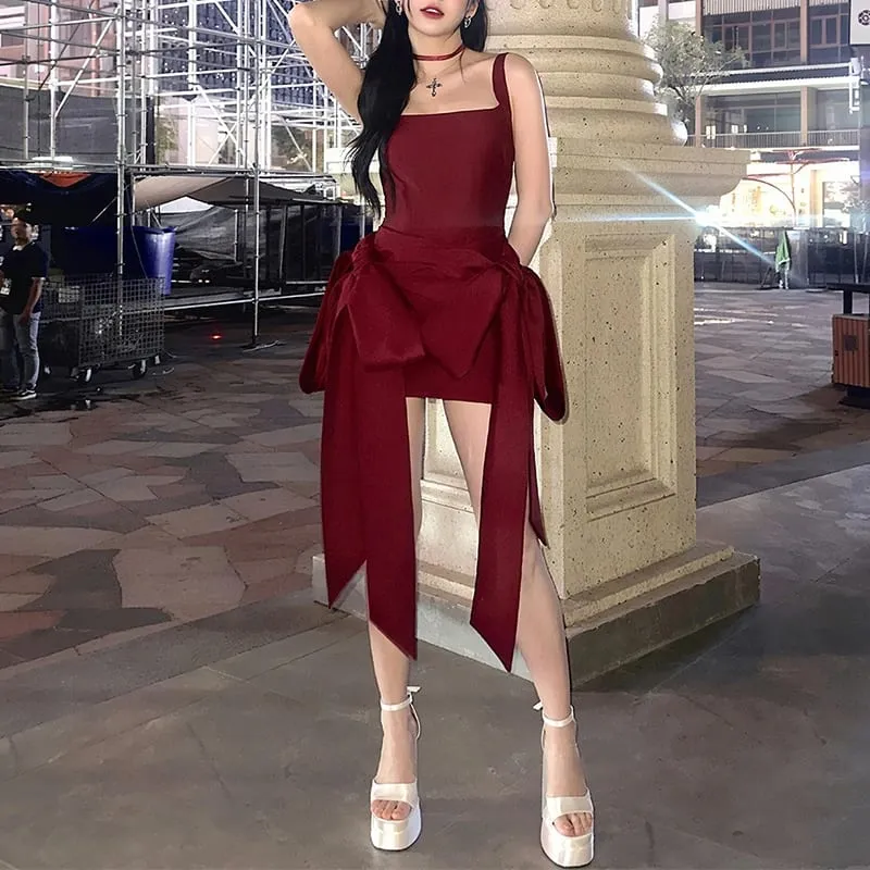 Moda vermelho bowknot mini vestido cintas gola quadrada sem mangas sem costas vintage bonito senhoras magro festa curto a-line vestidos