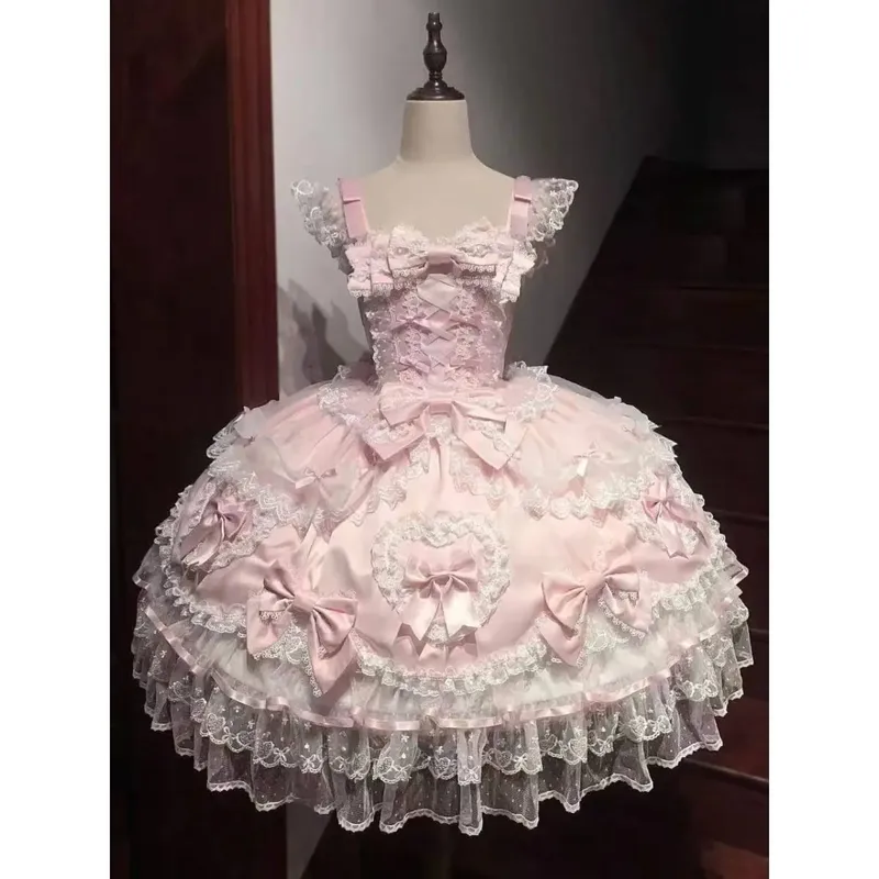 Cosplay Clothing Girls Vintage Elegant Holiday Party Dress 2026 Summer Lolita Strap Dress Japanese Sweet Kawaii Style Y2K Lace