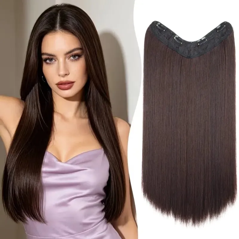 24Inch Synthetic 4-Clip V-Shaped Long Straight Hair Extension One Piece Heat-Resistant Fiber Hairpiece for Women Daily Use