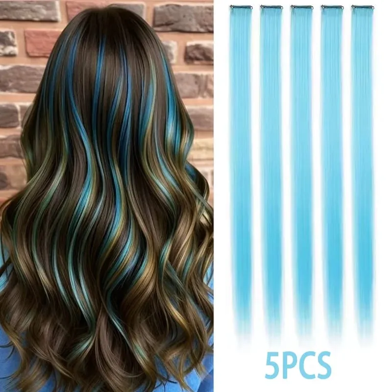 22Inch Synthetic Long Straight 5pcs Clip in Hair Extension Colored Rainbow Hairpieces for Women Daily Use