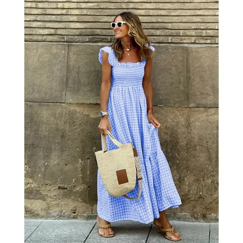 Elegant Plaid Slip Maxi Long Dress Summer Women Strapless Ruffle Backless Pleated Elastic Waist Boho Party Swing Loose Dresses
