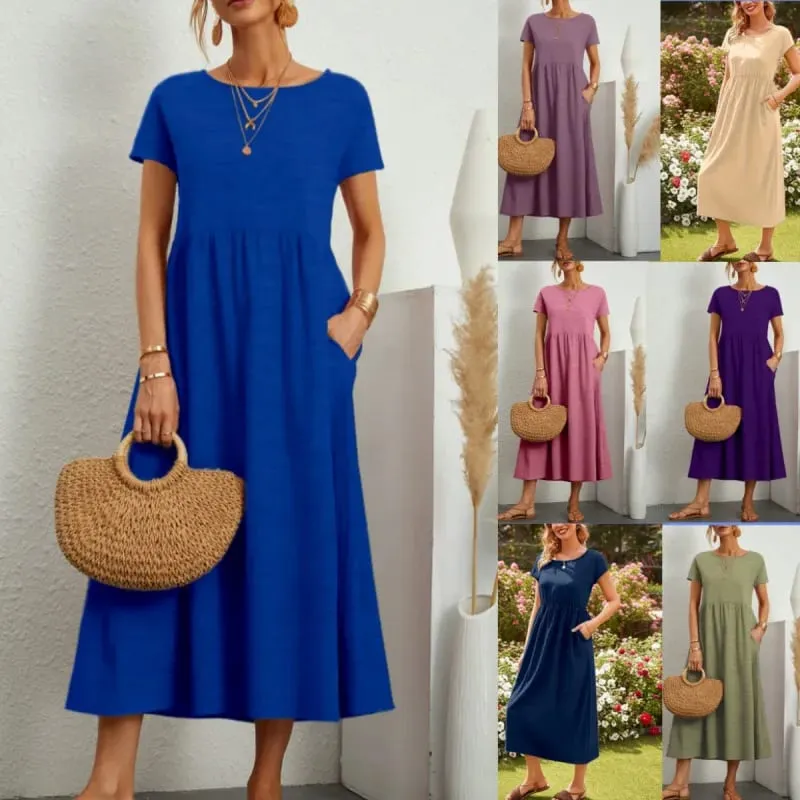 Premium Elegant Solid Cotton Linen Dress Summer Midi with Pockets Loose Fit Casual Crew Neck Short Sleeve for Beach Travel