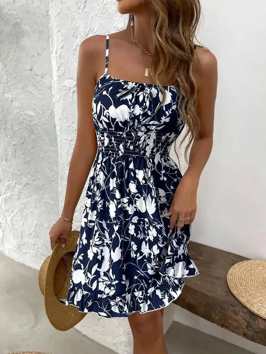 Vintage Floral Print Tie-Up Slip Dress Flattering Versatile Beach Resort Style Mini Dress Dressed in Party