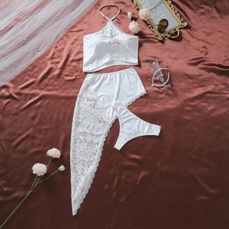 2026 French Queen's Temperament Patchwork Lace Irregular Skirt Hanging Neck Suspender Sexy Shapewear Three Piece Set