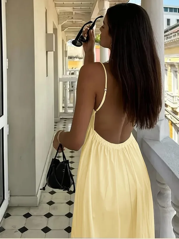 Women's Summer Vacation Solid Color Backless Thin Strap Dress