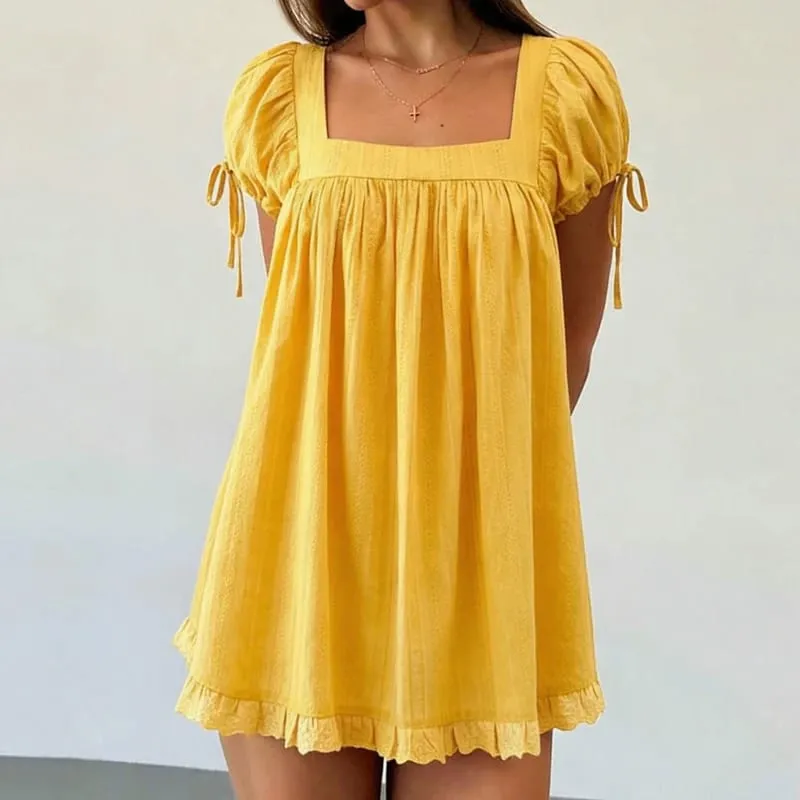 Bohemian Puff Sleeve Maternity Dress Women Square Neck A-line Mini Ruffled Dresses Fairy Vintage Loose Fit Flowy Short Dress — image 7