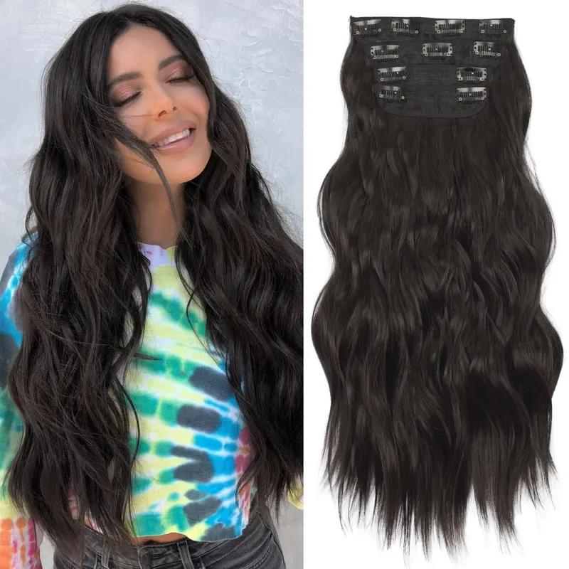 4Pcs/Set Synthetic Hair Clip In Hair Extensions 24Inch Long Wavy Thick Hairpieces For Women Full Head Ombre Hairpiece