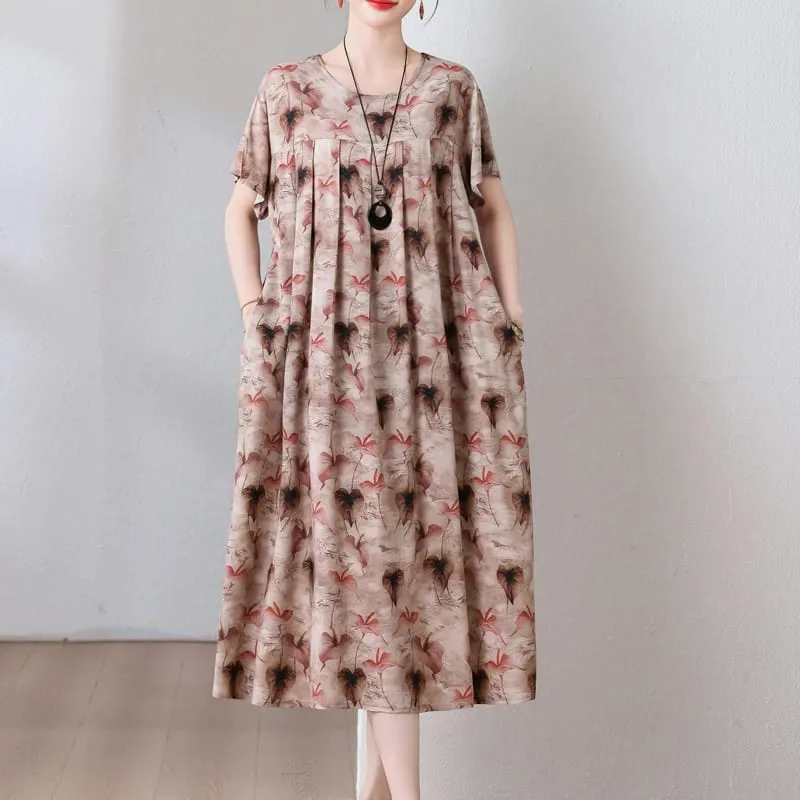 Yeni Moda Rahat 2026 Yaz Elbiseler Kadınlar Için Vintage Kısa Kollu O-Boyun Baskı Gevşek Çiçek Elbise Kadın Giysileri
