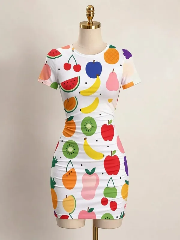 Womens Short Sleeve Bodycon Mini Dress Slim Fit Crew Neck Floral Print Casual Summer Party Cute Smooth Weekend Vacation Sundress