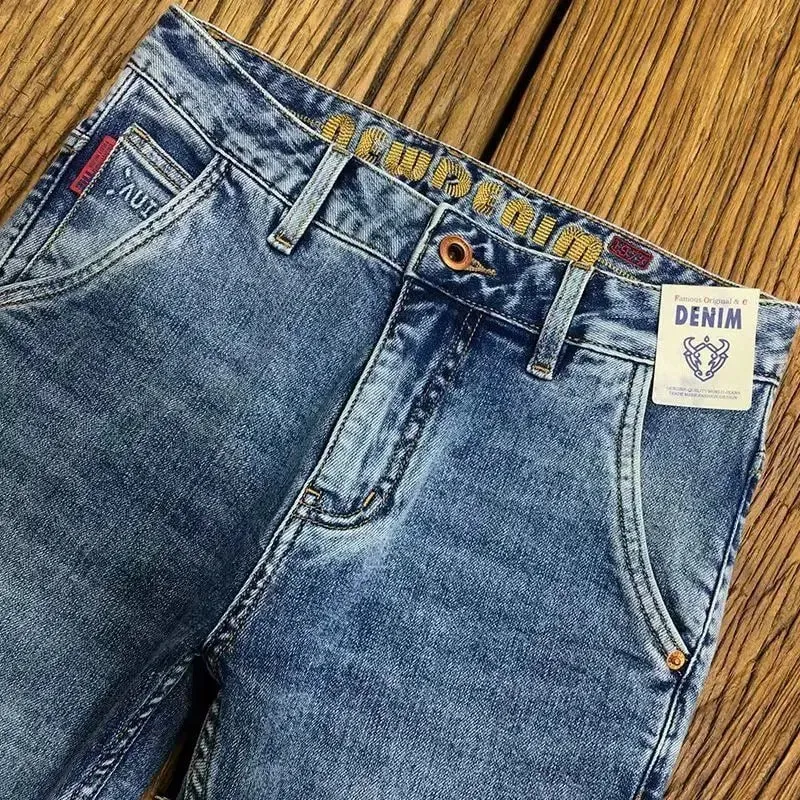 Embroidery Slant Pocket Jeans Men's Trendy Brand Embroidery Slim-fit Elastic Small Straight Blue Fashion Casual Trousers Men